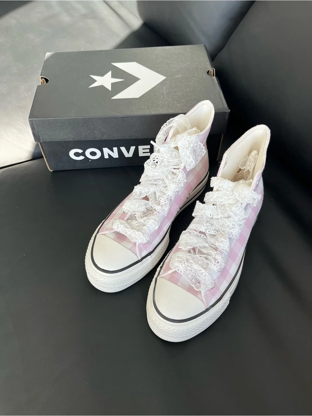Converse High Top Sneakers Pink and White Gingham Women’s Size US 8 - Picture 8 of 10